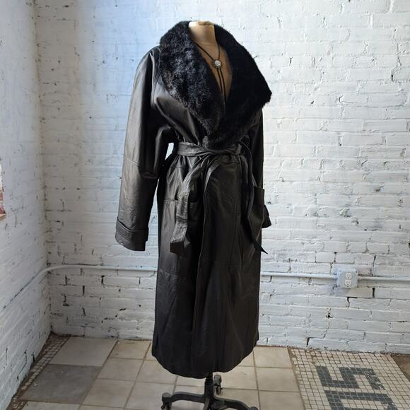 Vintage Black Leather Penny Lane Coat Faux Fur Trench Minimalist Goth Jacket - Picture 5 of 12